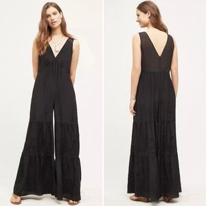 Anthropologie Elevenses 100% Silk Wide Leg Embroidered Jumpsuit‎ Size XS